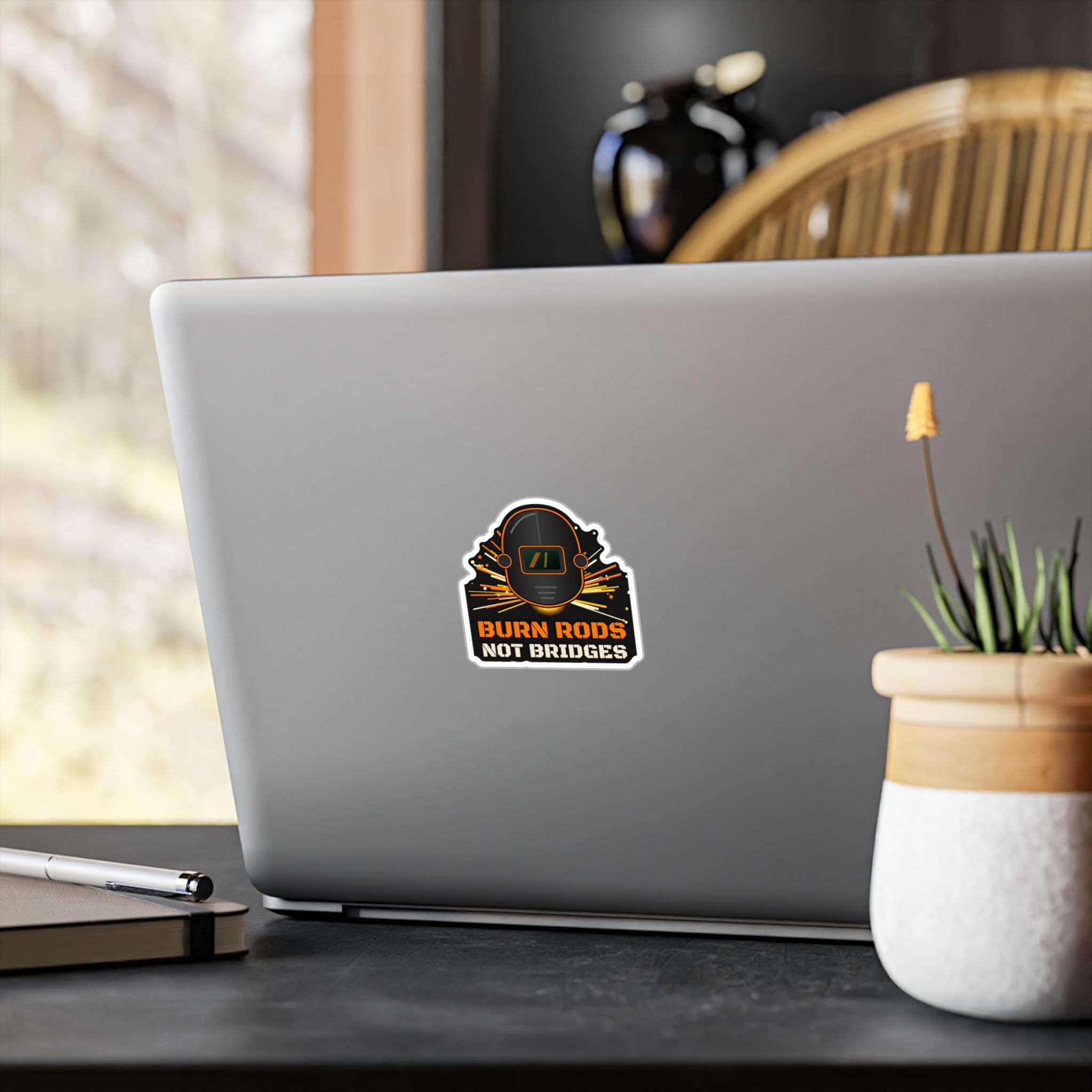 Burn Rods Not Bridges Welder Sticker decal shown applied (photo mockup)