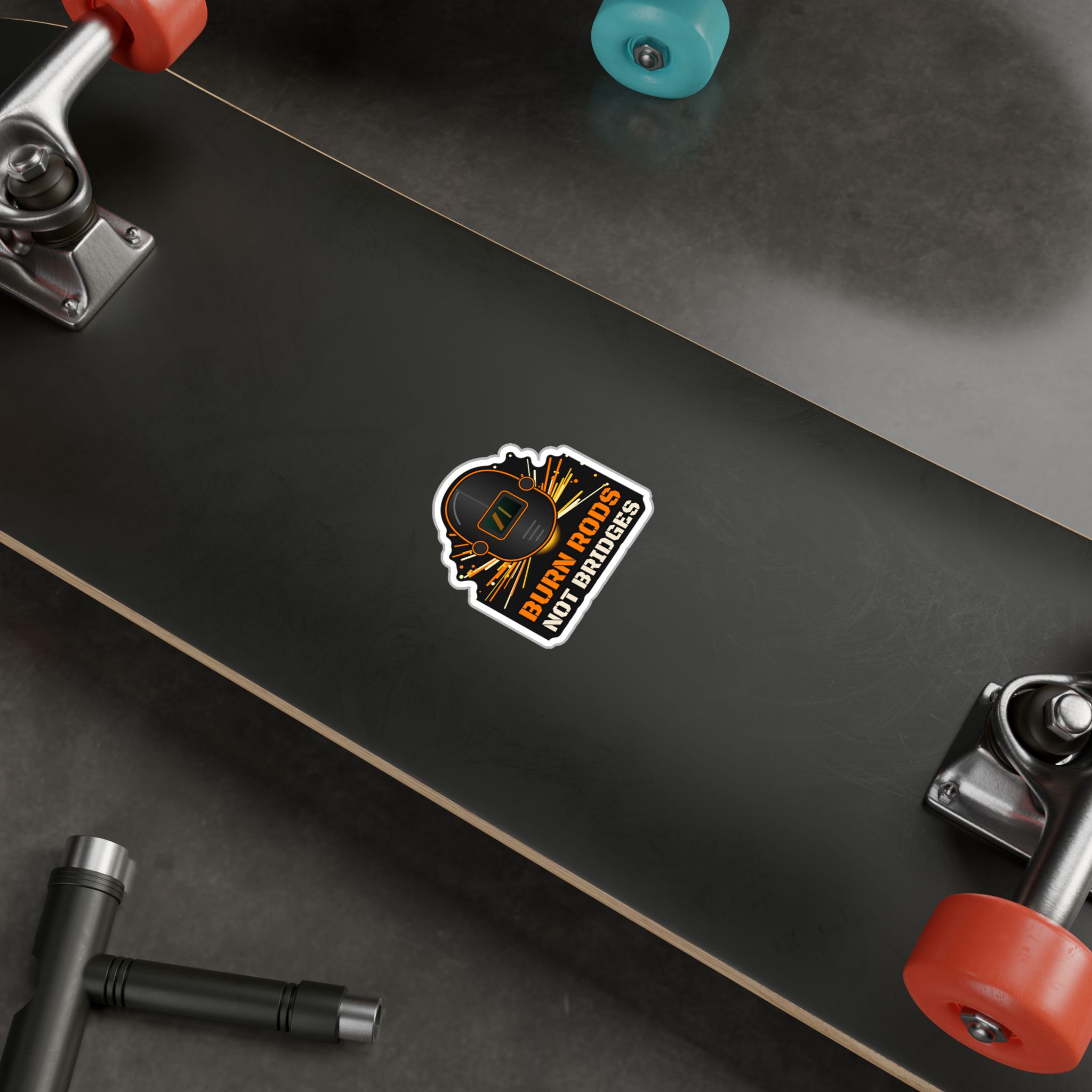 Burn Rods Not Bridges Welder Sticker decal shown applied (photo mockup)