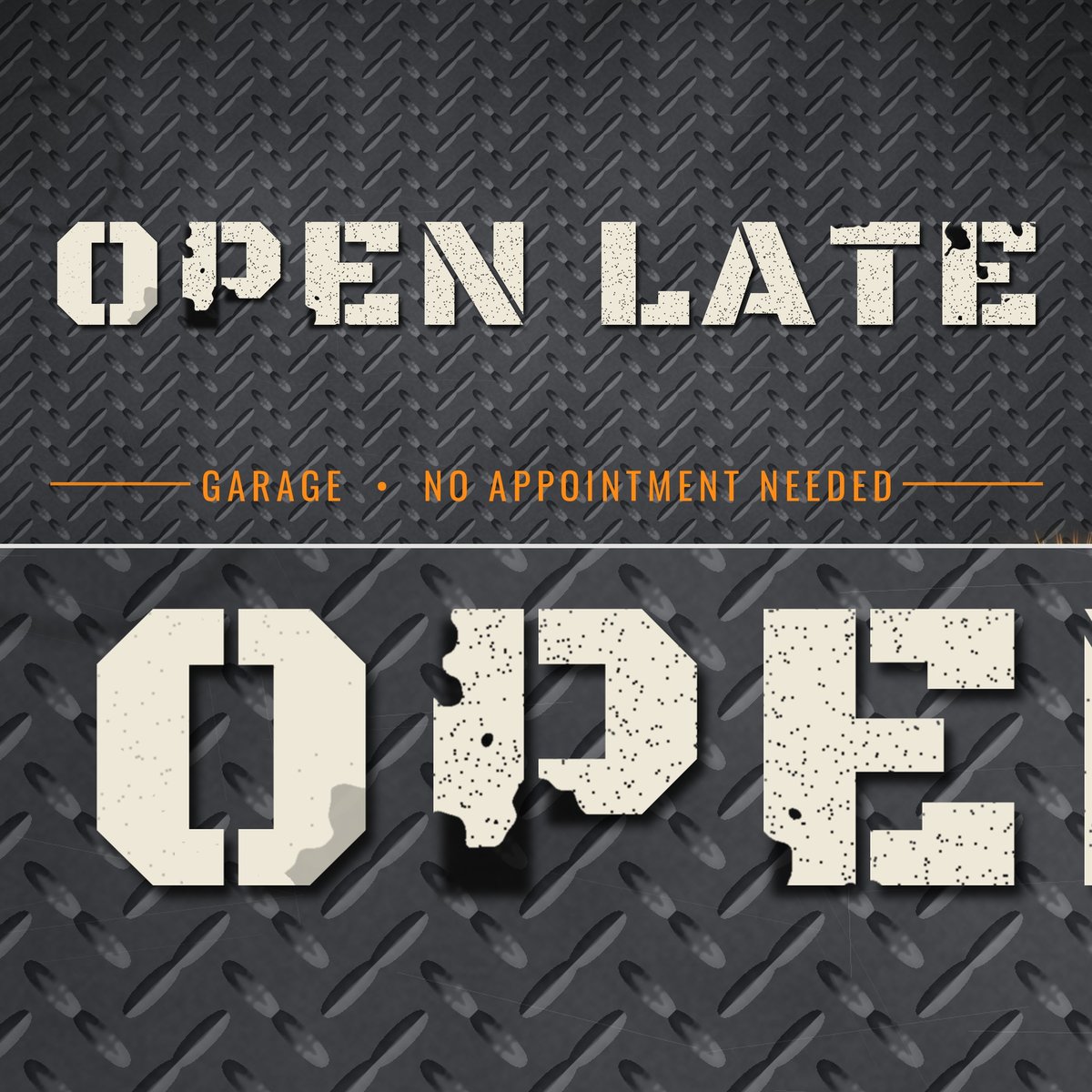 Open Late Garage Door Mat, close-up of the OPEN LATE stencil print