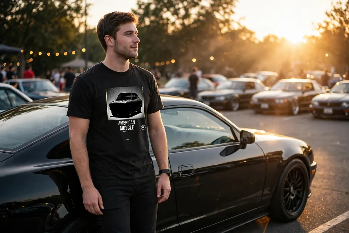 FLTWHT American Muscle Tee worn at a car meet in golden-hour light