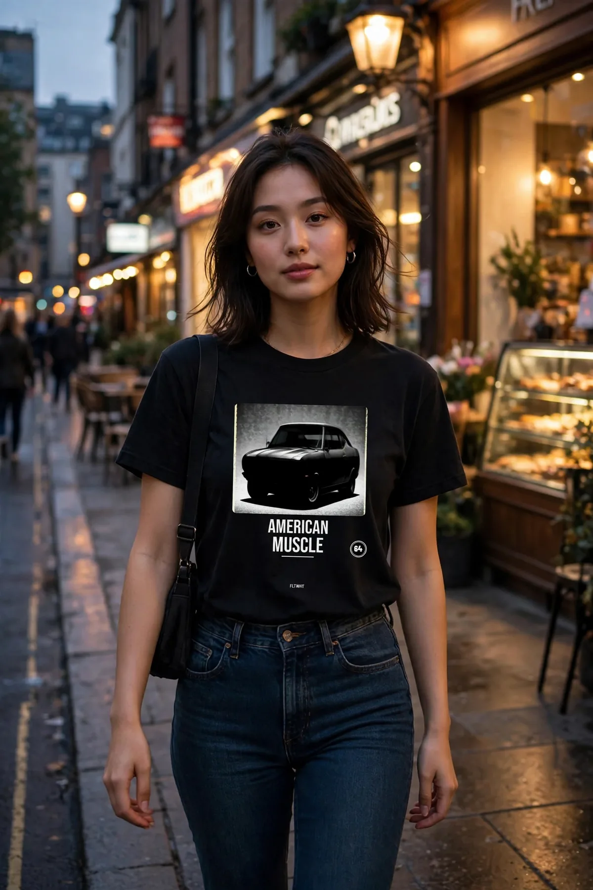 FLTWHT American Muscle Tee worn on the street at dusk