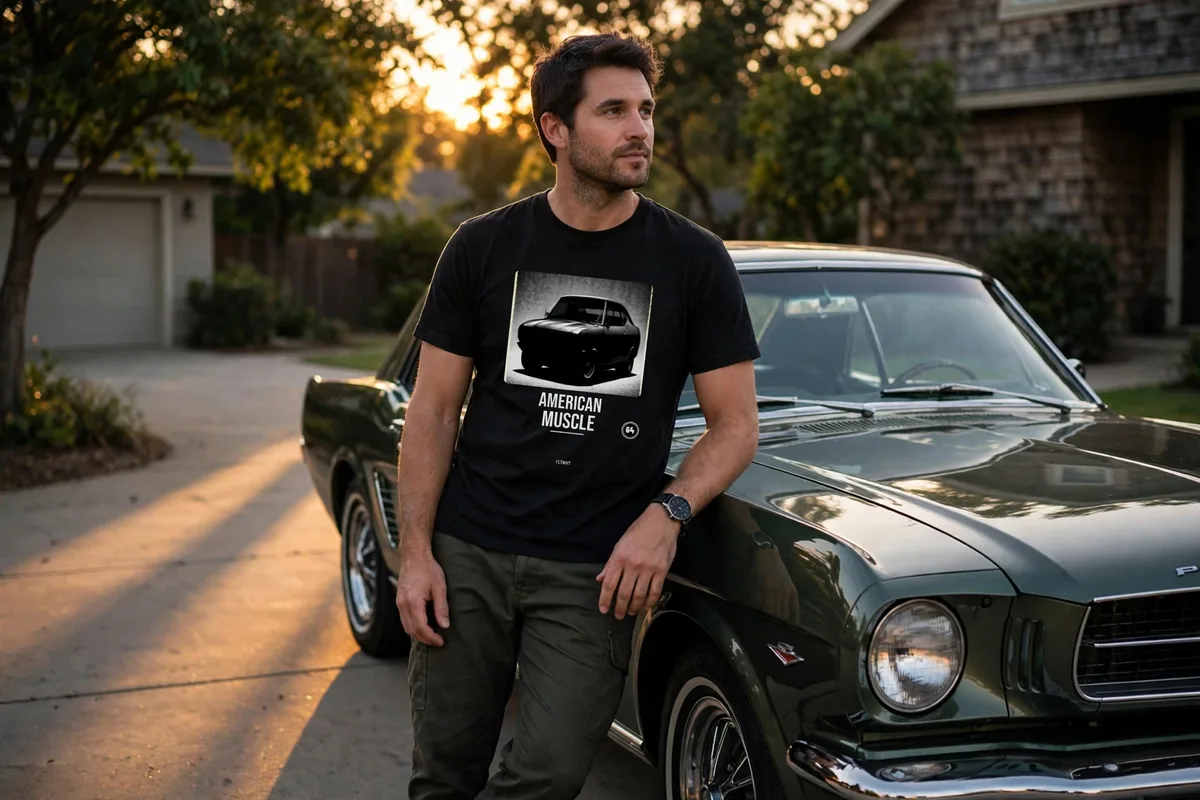 FLTWHT American Muscle Tee worn in warm evening light