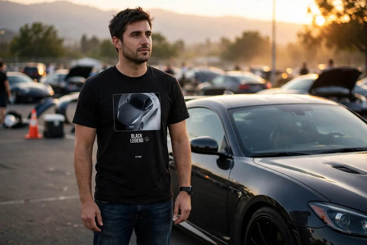 FLTWHT Black JDM Legend Tee worn at a car meet in golden-hour light