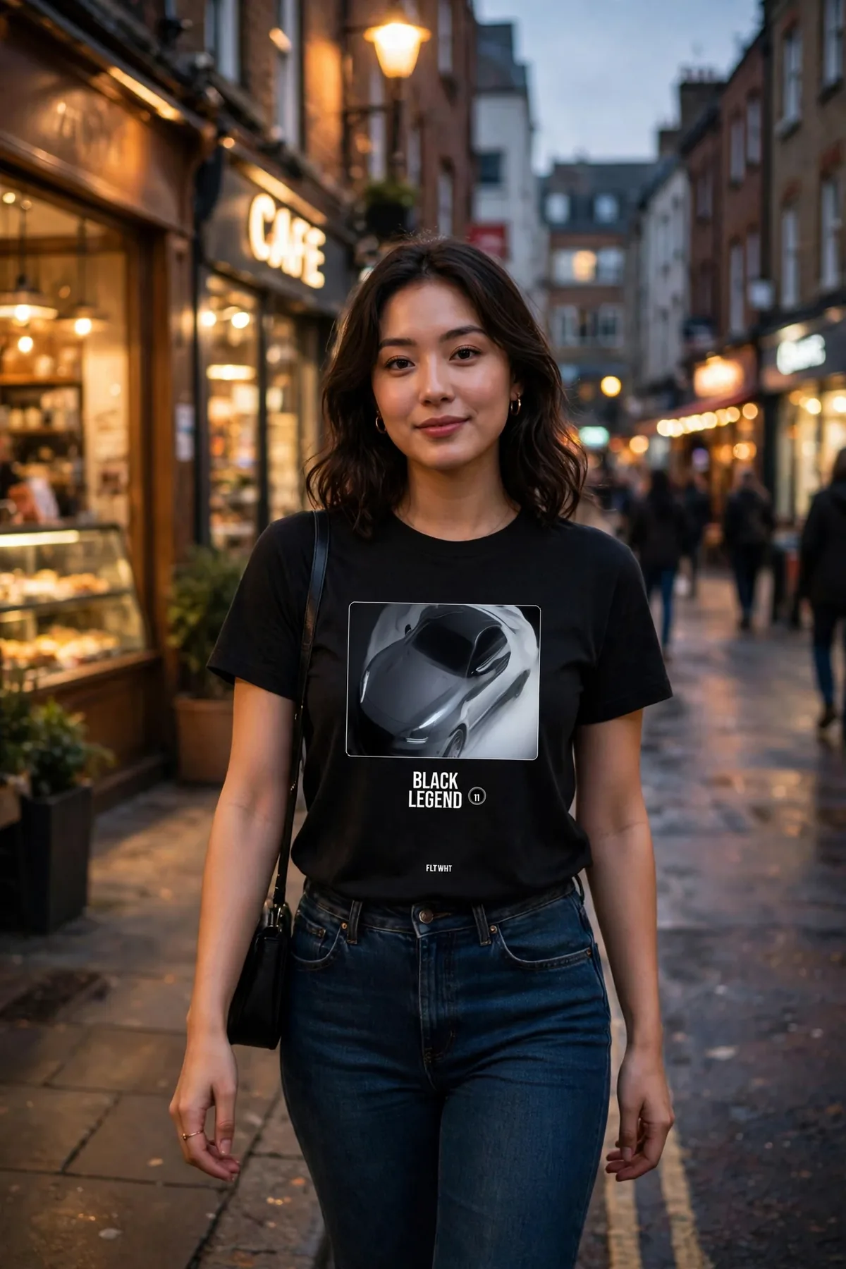 FLTWHT Black JDM Legend Tee worn on the street at dusk