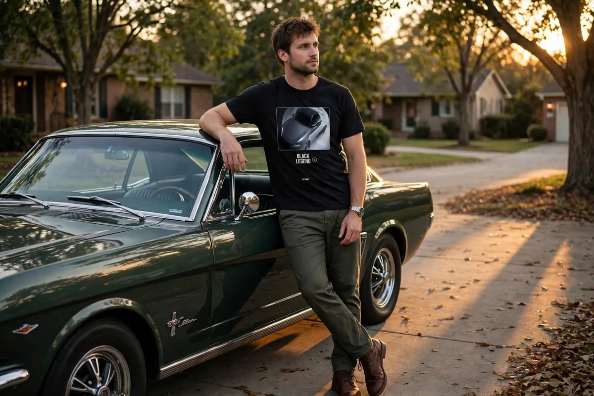 FLTWHT Black JDM Legend Tee worn in warm evening light