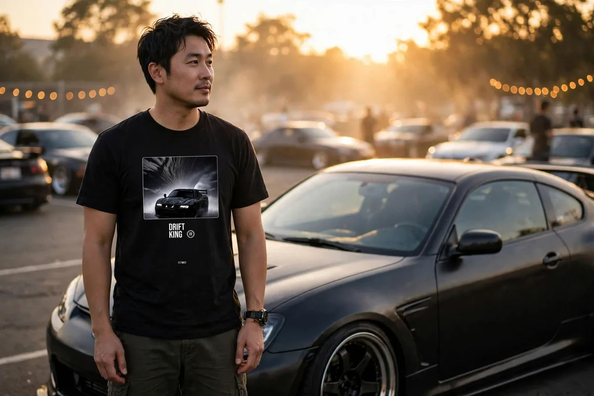 FLTWHT Drift King Tee worn at a car meet in golden-hour light