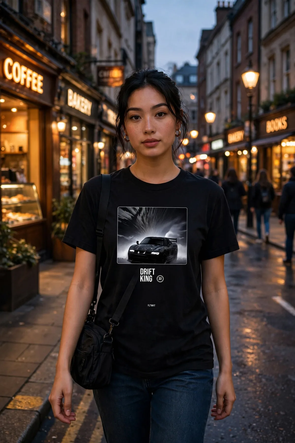FLTWHT Drift King Tee worn on the street at dusk