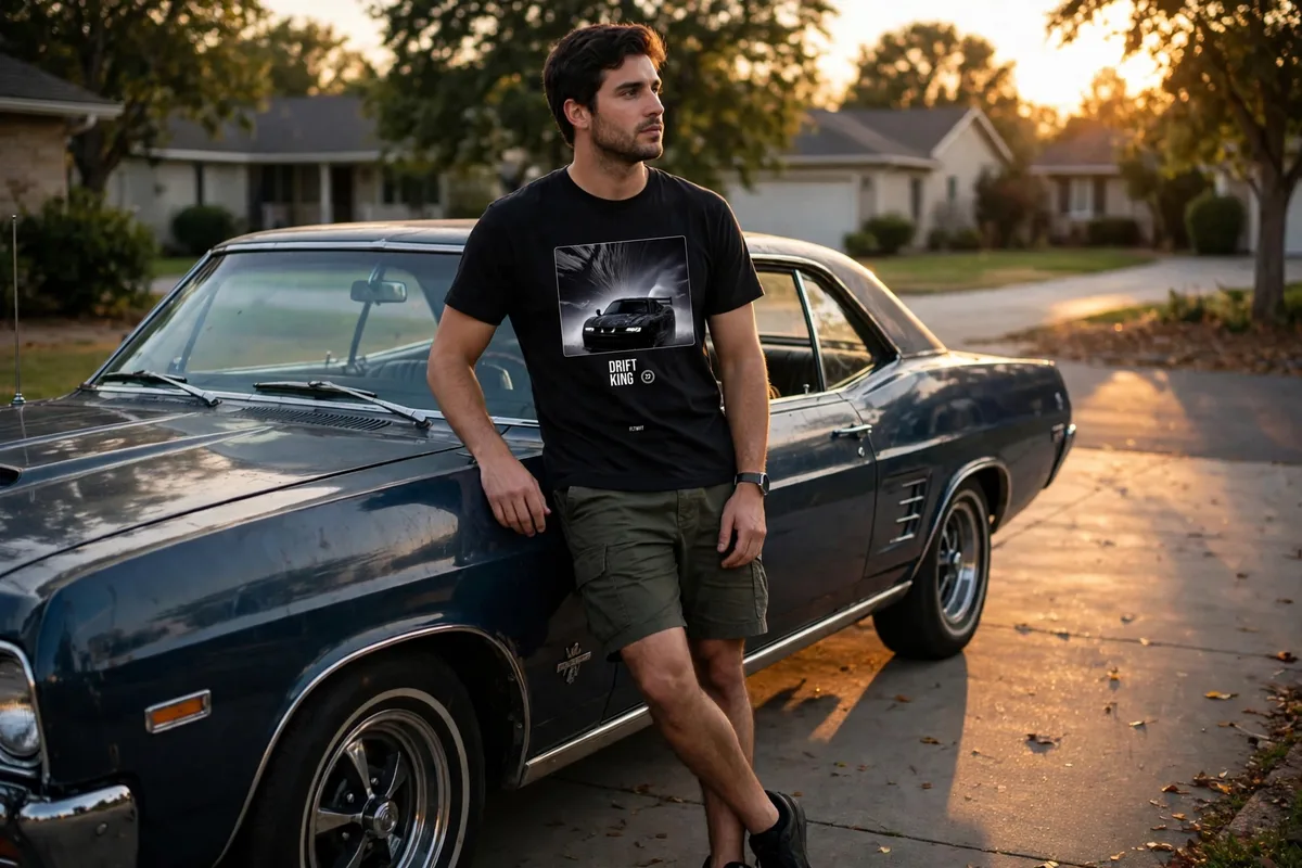 FLTWHT Drift King Tee worn in warm evening light