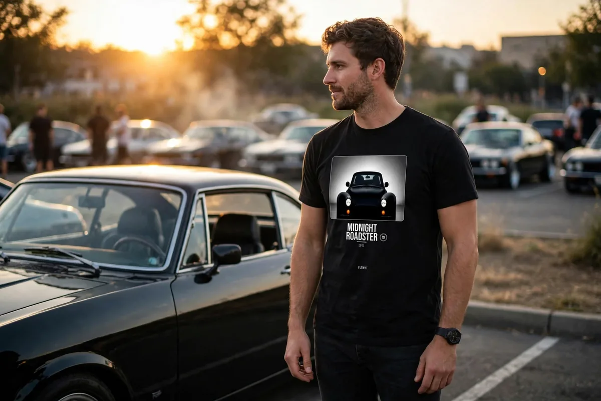 FLTWHT Midnight Roadster Tee worn at a car meet in golden-hour light