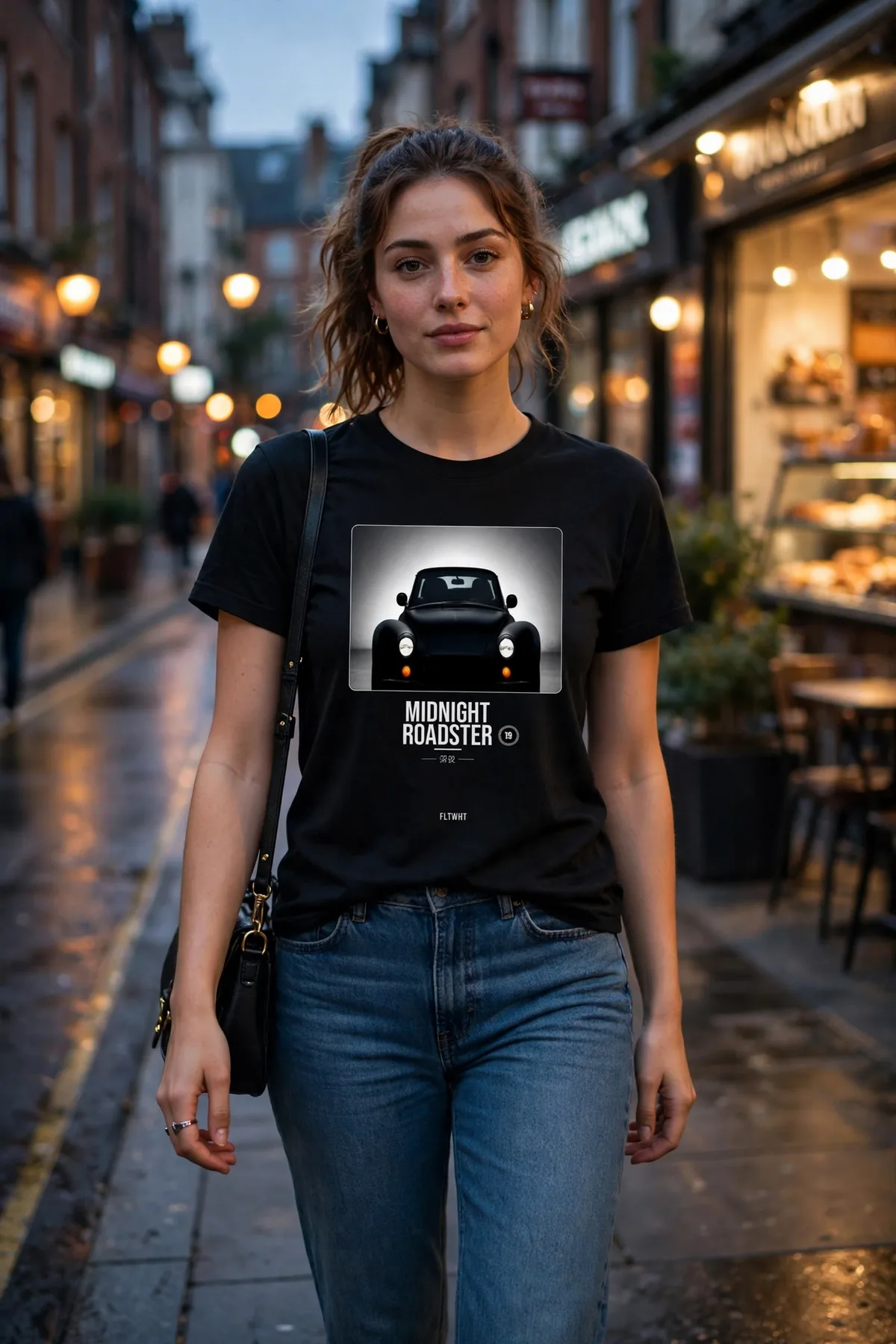 FLTWHT Midnight Roadster Tee worn on the street at dusk