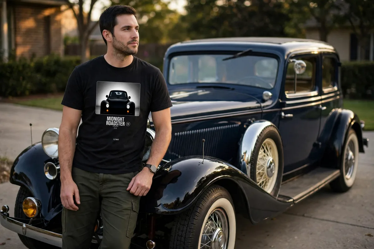 FLTWHT Midnight Roadster Tee worn in warm evening light