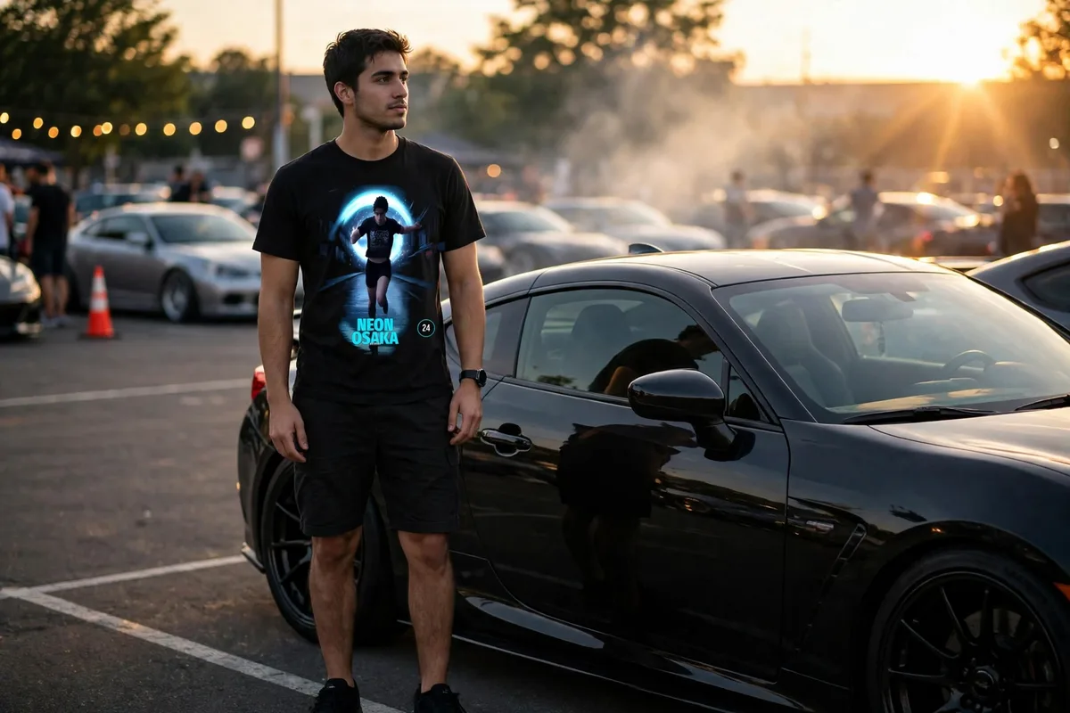 FLTWHT Neon Osaka Nightrunner Tee worn at a car meet in golden-hour light
