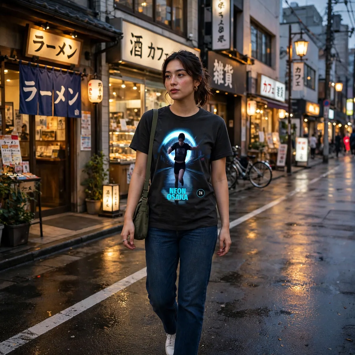 FLTWHT Neon Osaka Nightrunner Tee worn on the street at dusk