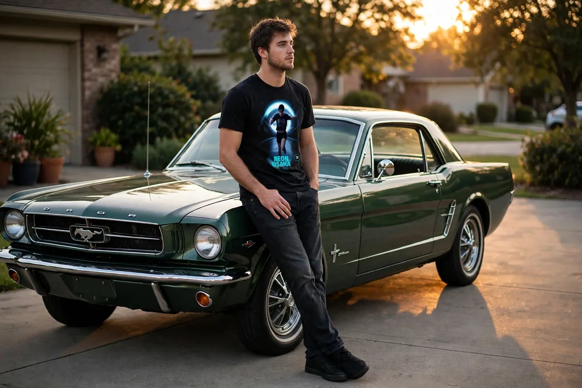 FLTWHT Neon Osaka Nightrunner Tee worn in warm evening light