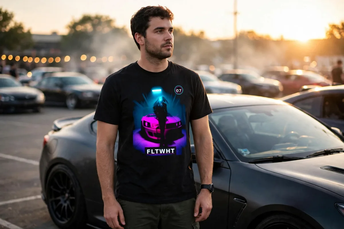 FLTWHT Neon Street Racer Tee worn at a car meet in golden-hour light