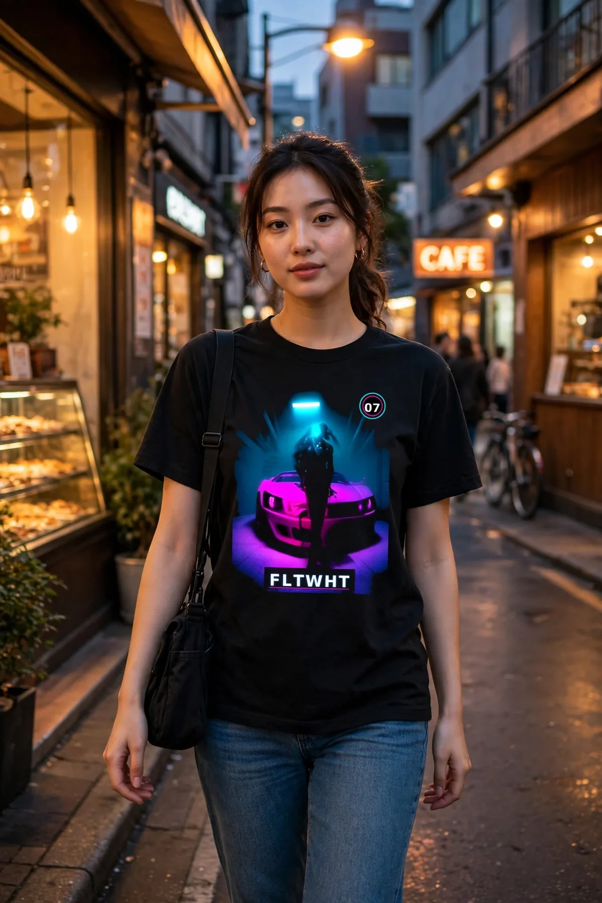 FLTWHT Neon Street Racer Tee worn on the street at dusk