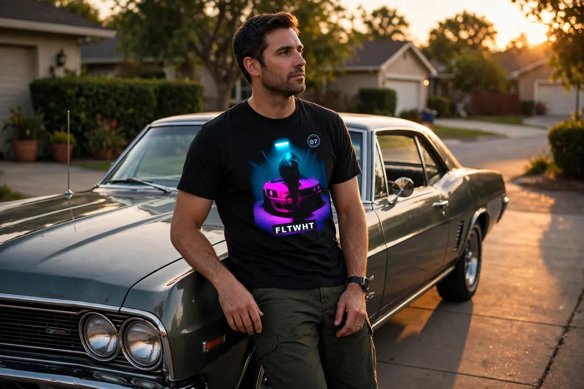 FLTWHT Neon Street Racer Tee worn in warm evening light