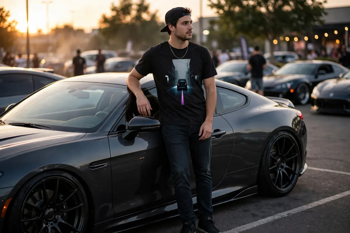 FLTWHT Neon Voltage Coupe Tee worn at a car meet in golden-hour light