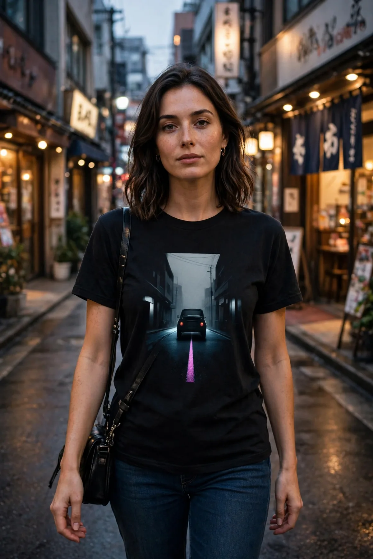 FLTWHT Neon Voltage Coupe Tee worn on the street at dusk
