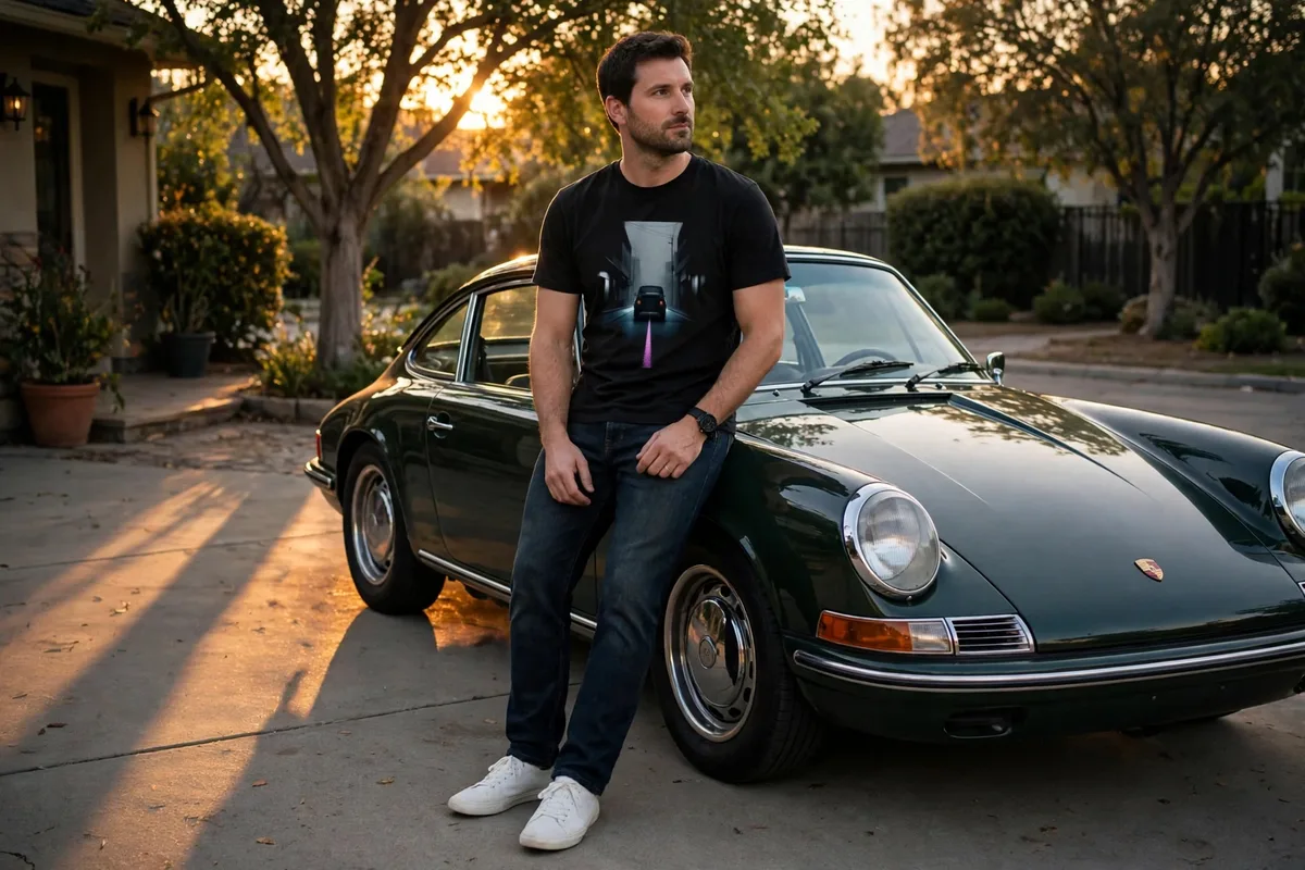 FLTWHT Neon Voltage Coupe Tee worn in warm evening light