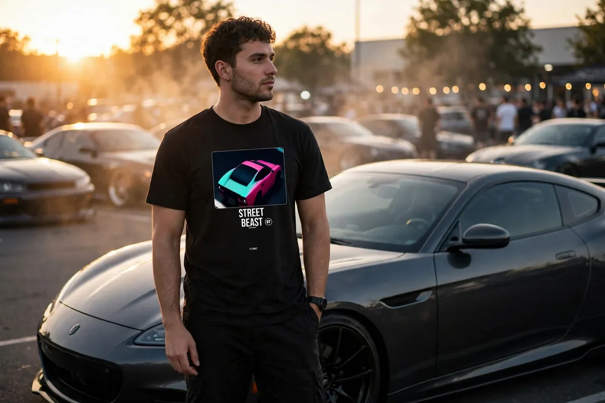 FLTWHT Street Beast Tee worn at a car meet in golden-hour light
