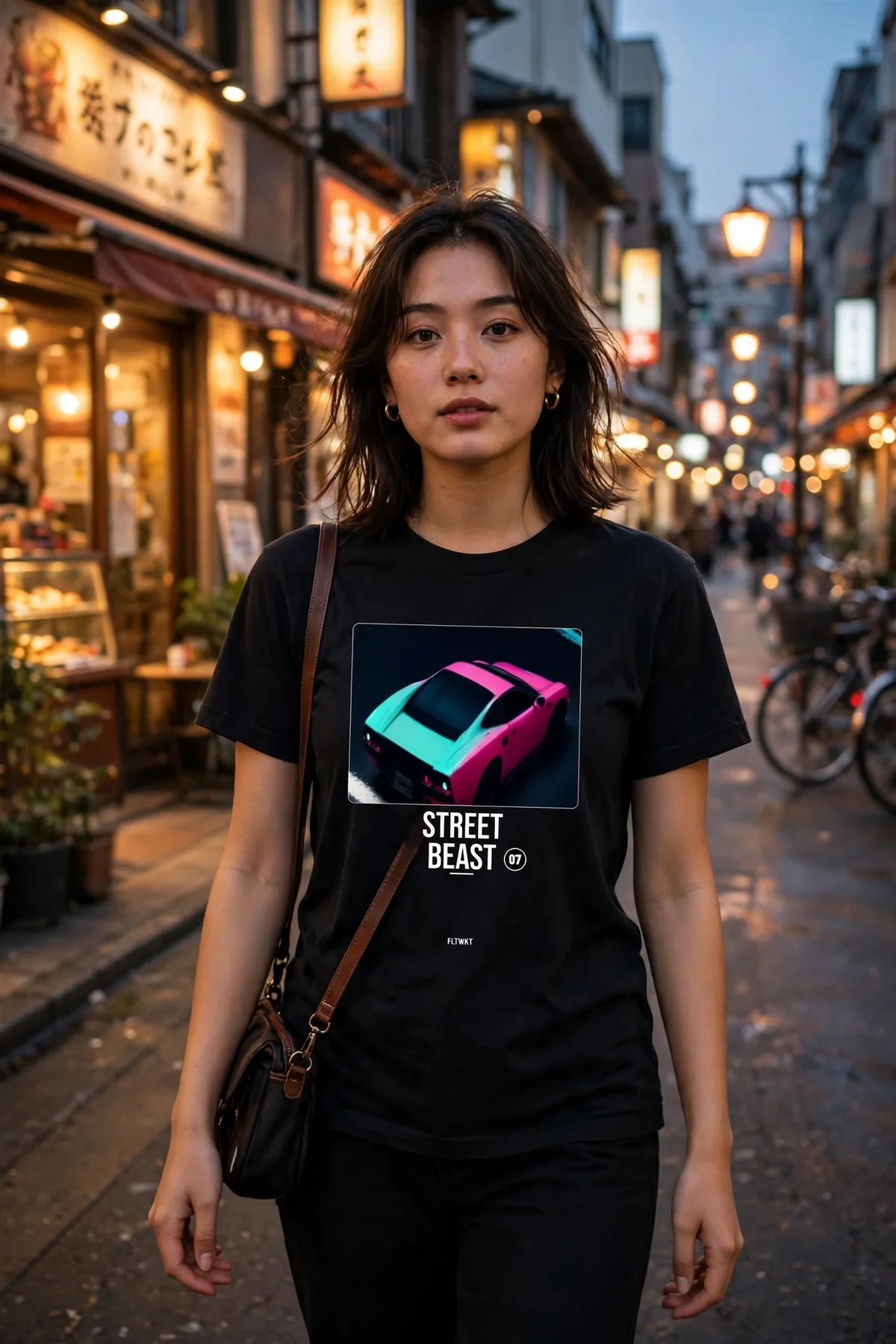 FLTWHT Street Beast Tee worn on the street at dusk