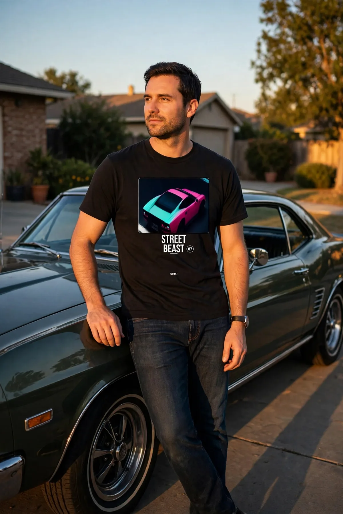 FLTWHT Street Beast Tee worn in warm evening light