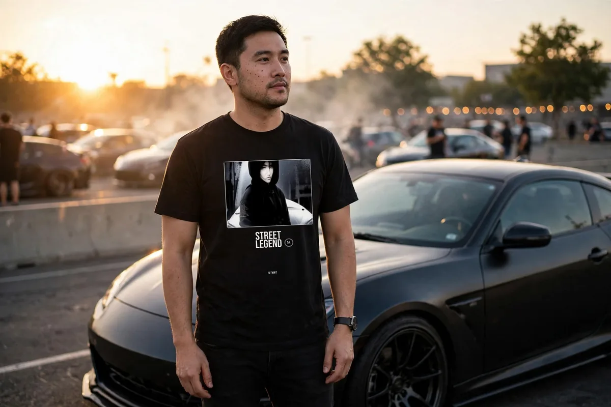 FLTWHT Street Legend Tee worn at a car meet in golden-hour light