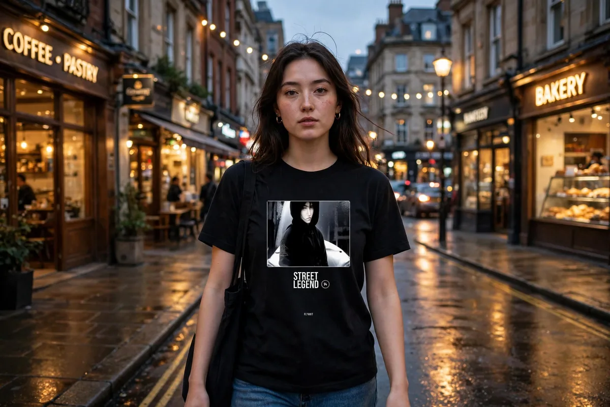 FLTWHT Street Legend Tee worn on the street at dusk