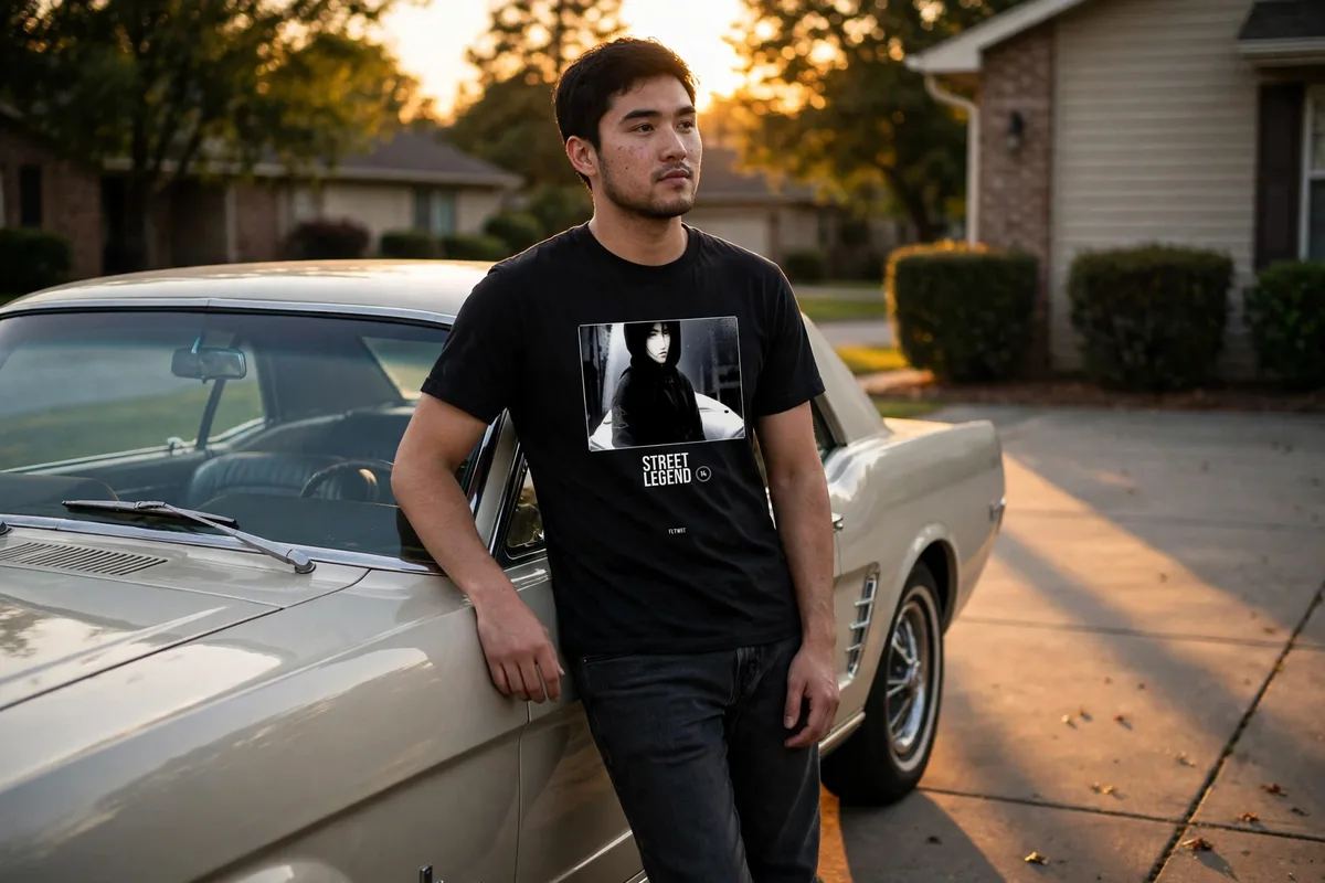 FLTWHT Street Legend Tee worn in warm evening light