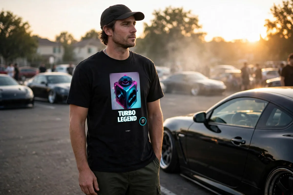 FLTWHT Turbo Legend Tee worn at a car meet in golden-hour light