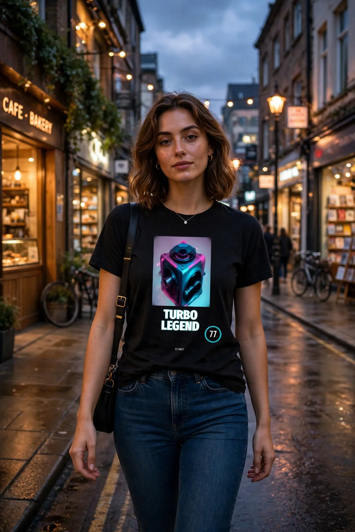 FLTWHT Turbo Legend Tee worn on the street at dusk