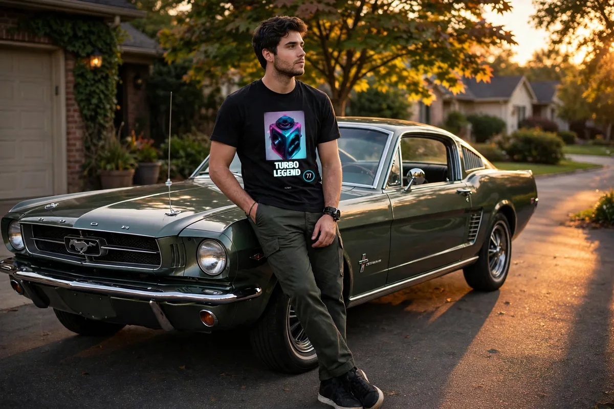 FLTWHT Turbo Legend Tee worn in warm evening light