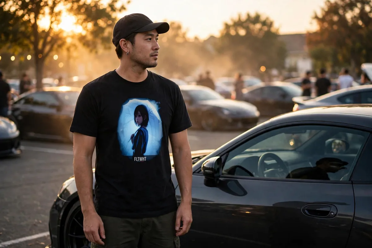 FLTWHT Umbrella Glow Girl Tee worn at a car meet in golden-hour light
