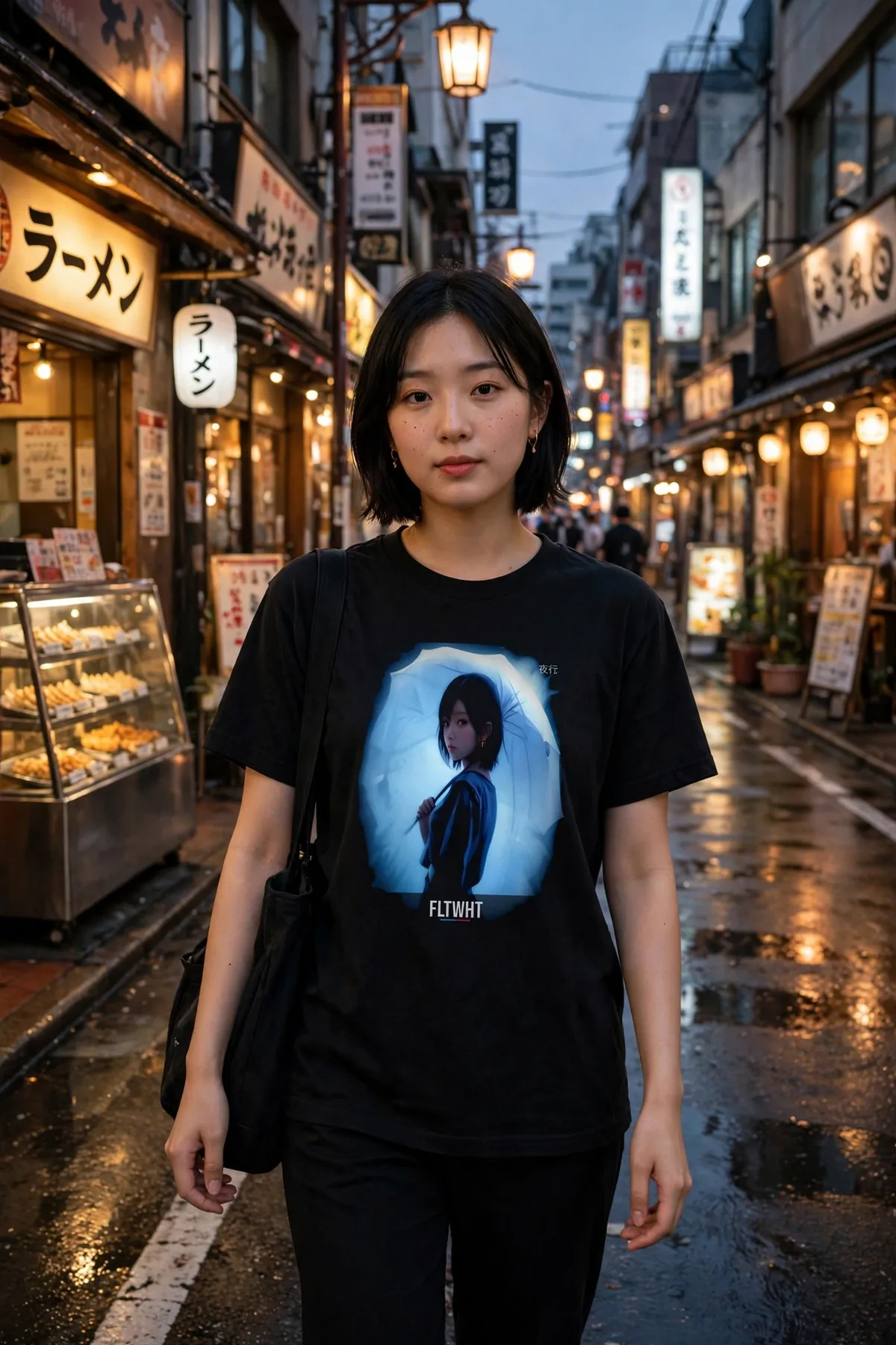 FLTWHT Umbrella Glow Girl Tee worn on the street at dusk
