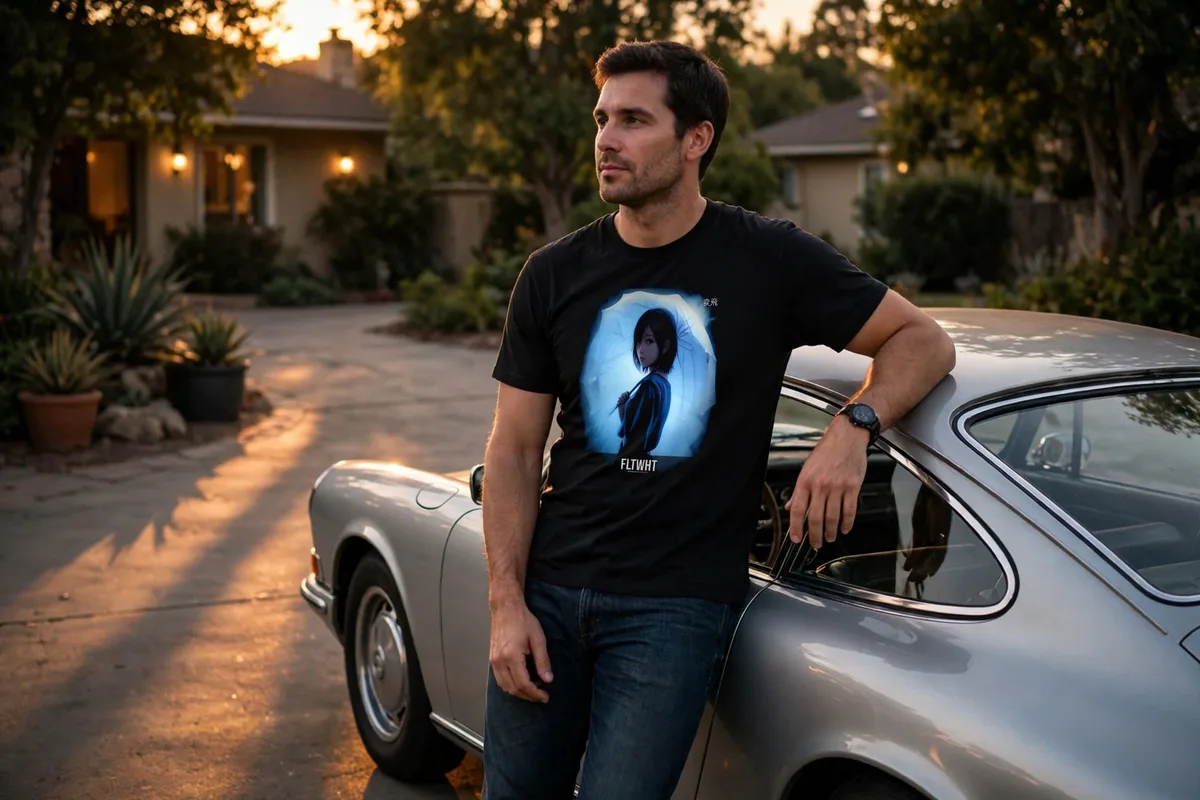 FLTWHT Umbrella Glow Girl Tee worn in warm evening light
