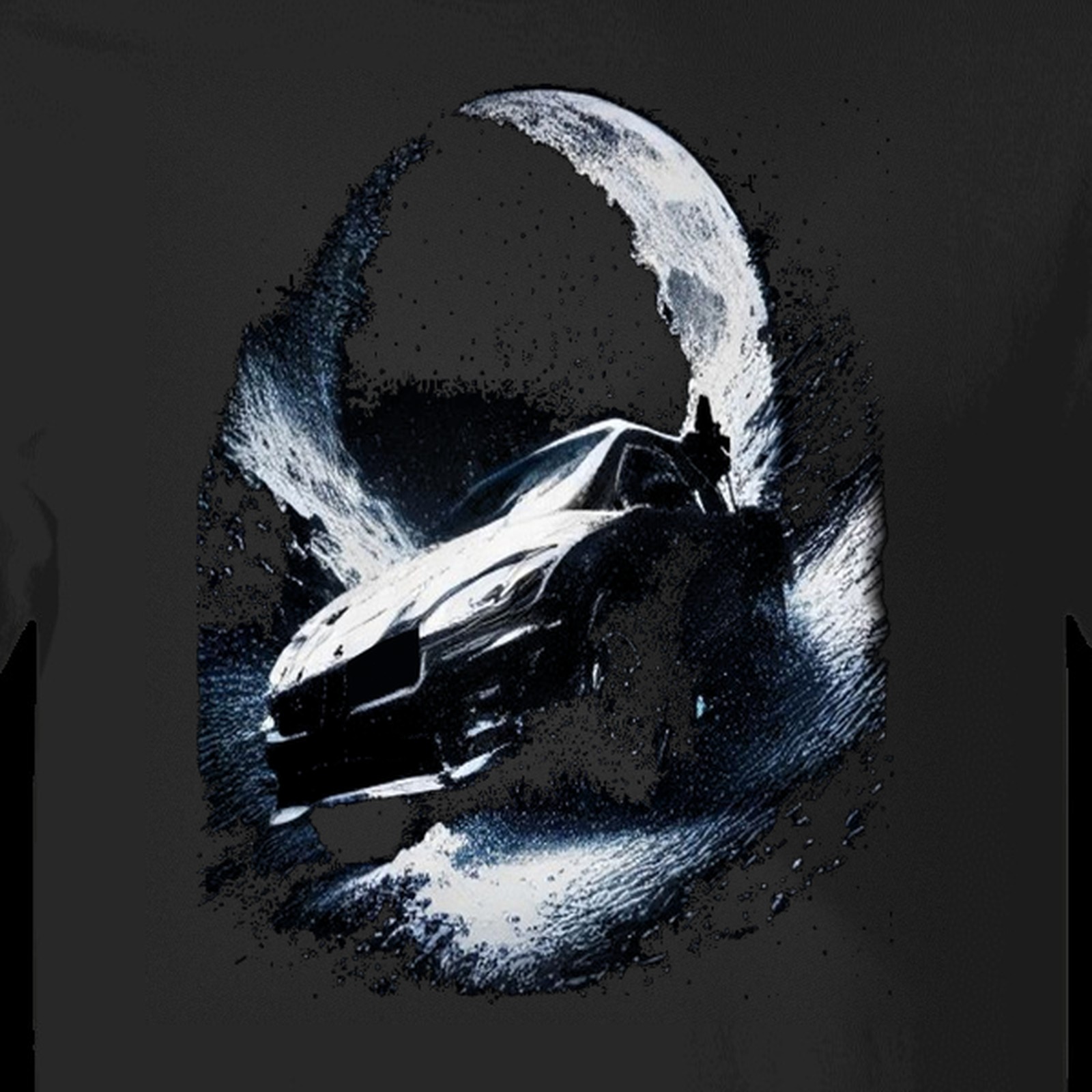 Night Canyon Drift tee: a dark coupe punching through white spray under a crescent moon