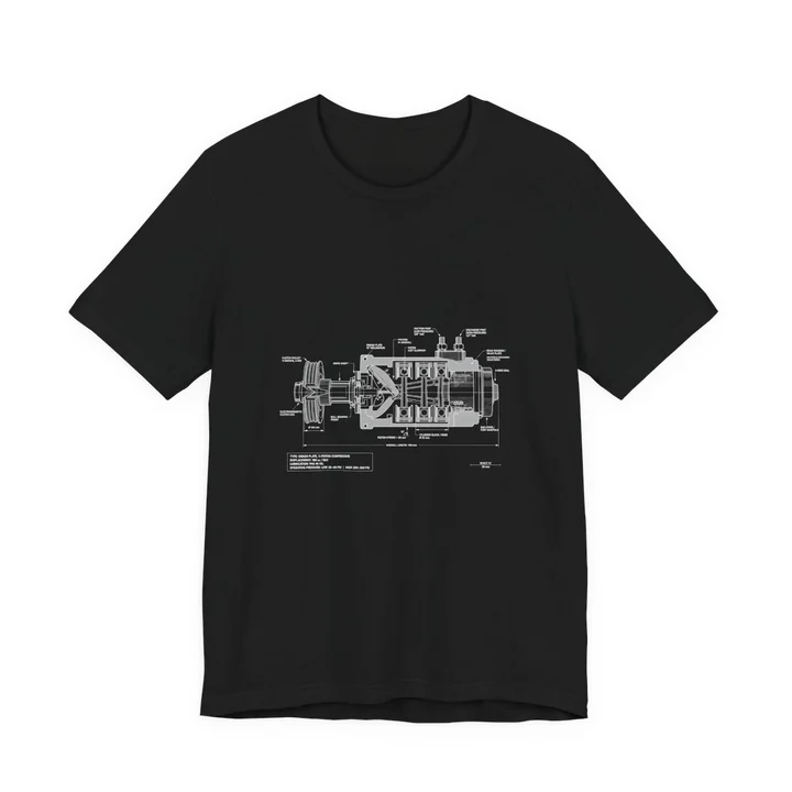 AC Compressor Cutaway Diagram Tee mockup: the print on a black Bella+Canvas 3001 tee
