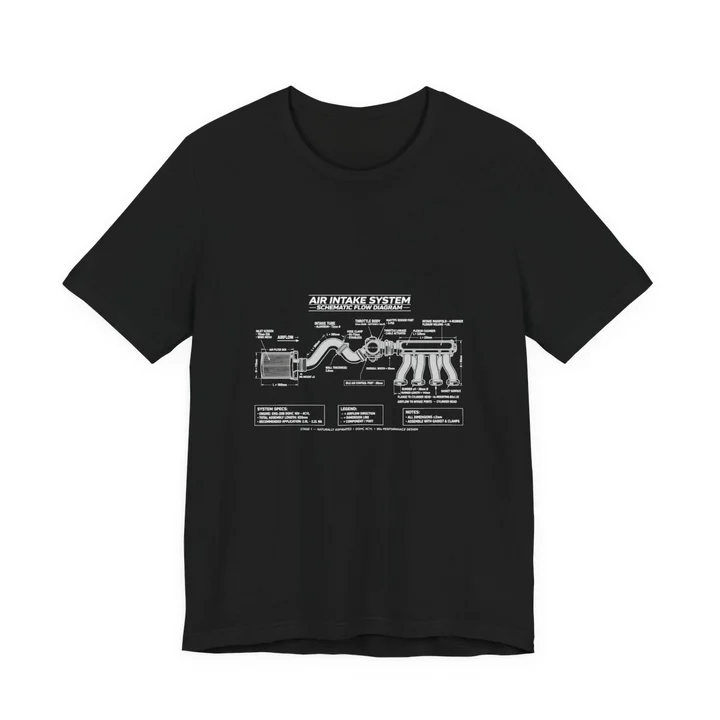 Air Intake Schematic Tee mockup: the print on a black Bella+Canvas 3001 tee