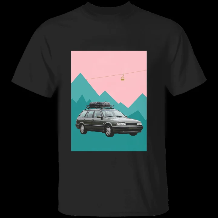 The Alpine Hauler Tee mockup: the print on a black Gildan G500 tee