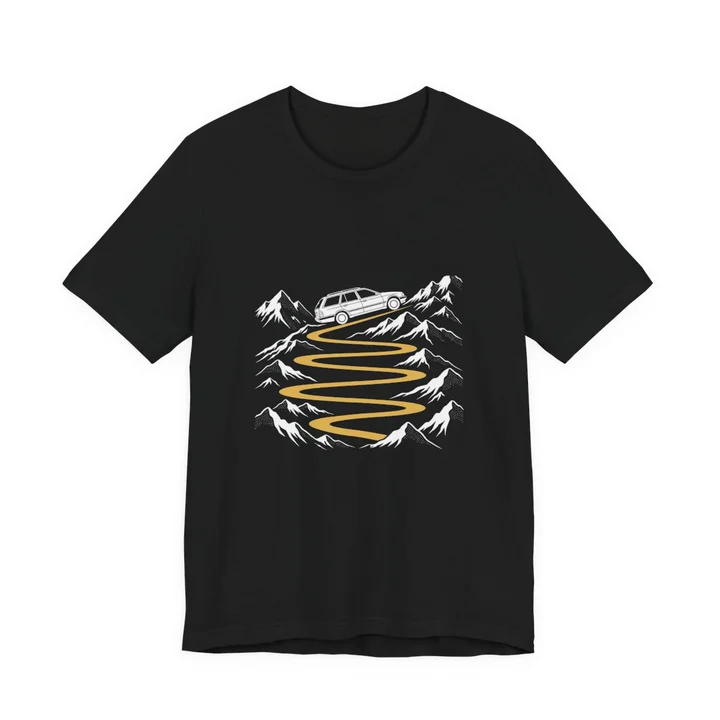 Alpine Pass Tee mockup: the print on a black Bella+Canvas 3001 tee
