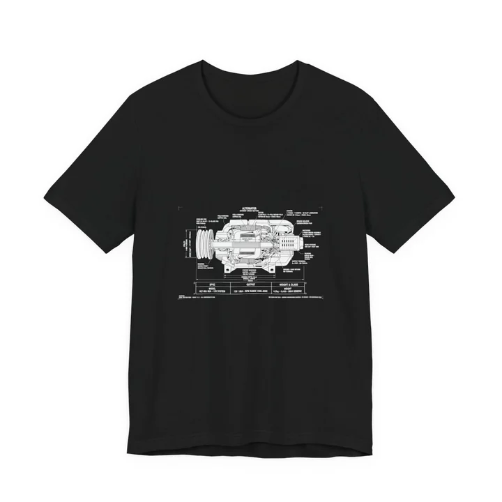 Alternator Cutaway Diagram Tee mockup: the print on a black Bella+Canvas 3001 tee