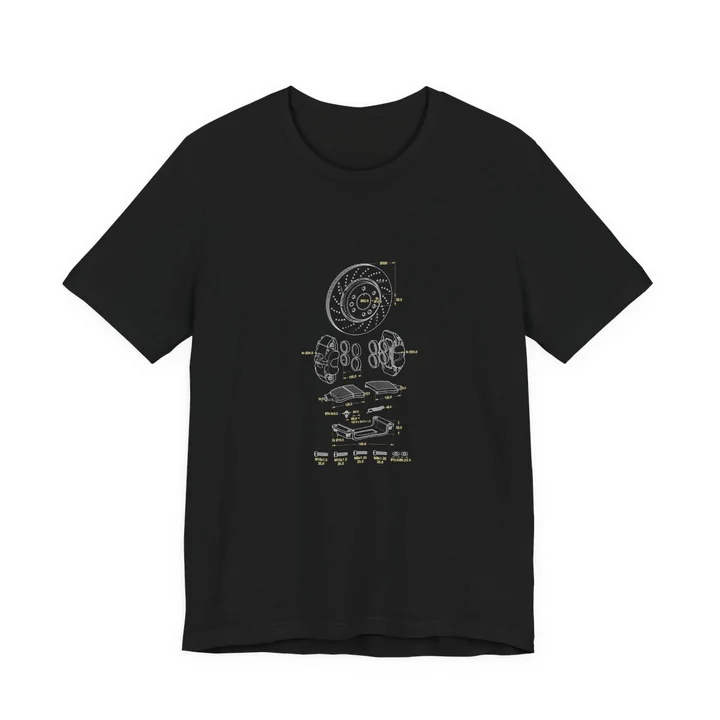 Brake Caliper Blueprint Tee mockup: the print on a black Bella+Canvas 3001 tee