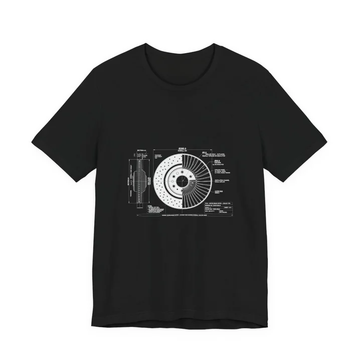Brake Rotor Venting Blueprint Tee mockup: the print on a black Bella+Canvas 3001 tee