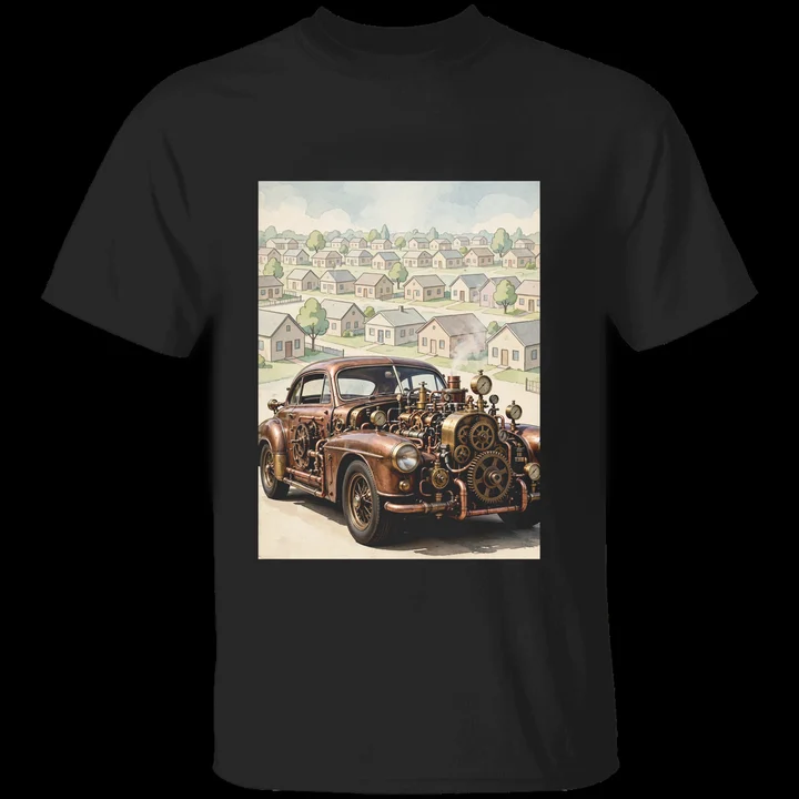 The Brass Suburban Tee mockup: the print on a black Gildan G500 tee