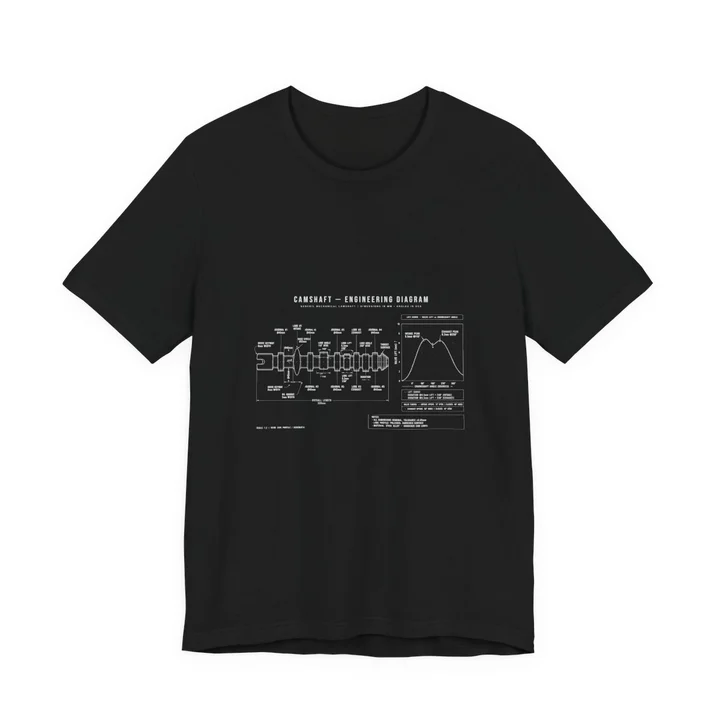 Camshaft Lobe Profile Diagram Tee mockup: the print on a black Bella+Canvas 3001 tee