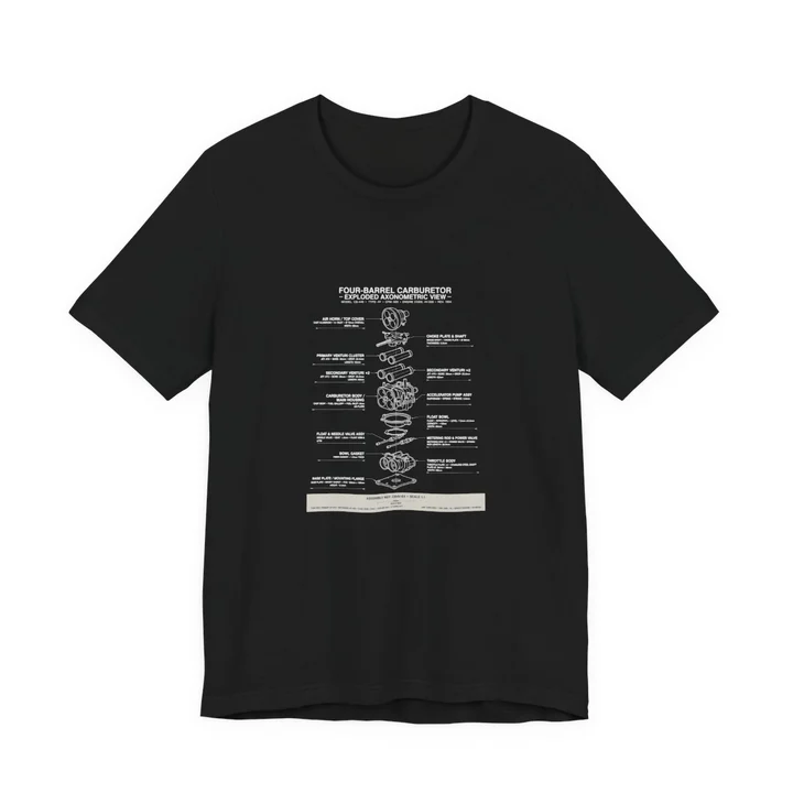Carburetor Exploded View Tee mockup: the print on a black Bella+Canvas 3001 tee