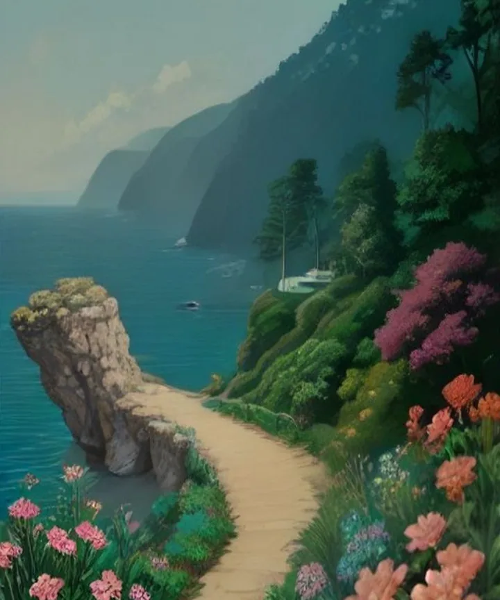 Carmel Cottage Cove Tee full print art: painted coastal footpath through pink and coral wildflowers above a turquoise cove and misty cliffs