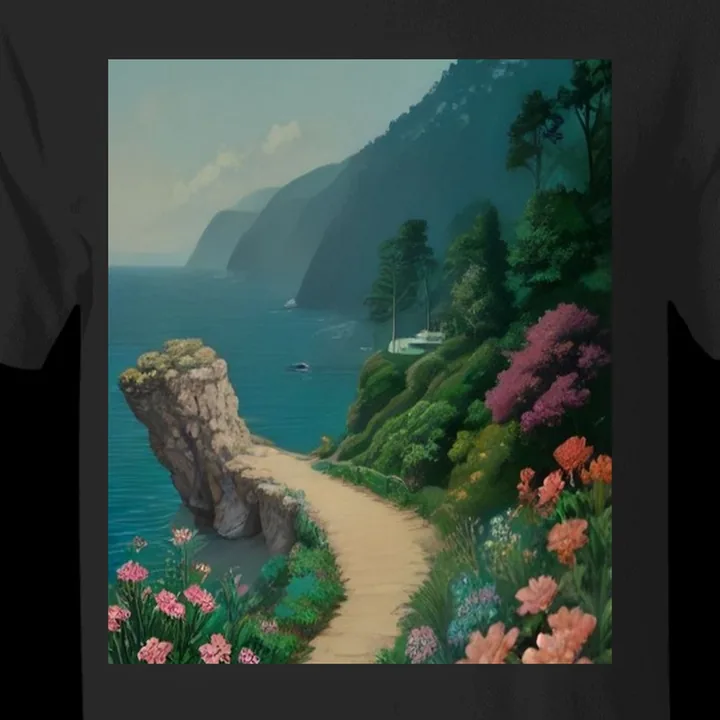 Carmel Cottage Cove Tee close-up of the print: painted coastal footpath through pink and coral wildflowers above a turquoise cove and misty cliffs