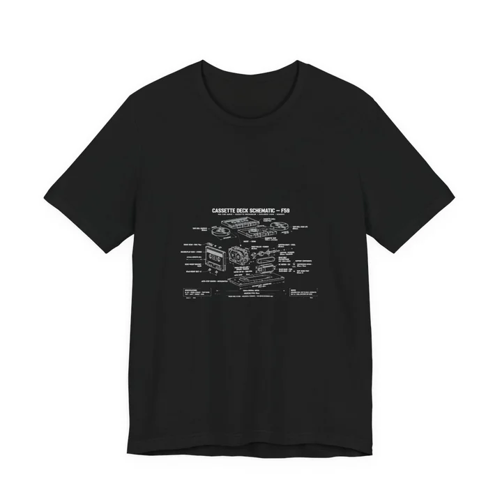Cassette Deck Schematic Tee mockup: the print on a black Bella+Canvas 3001 tee